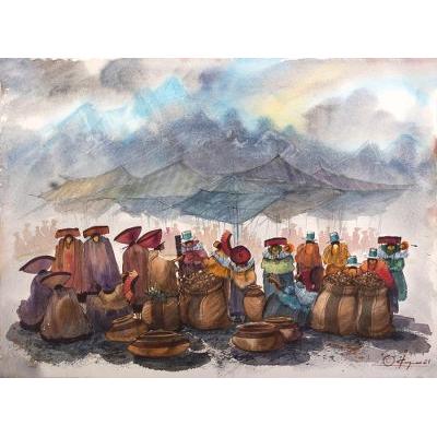 The Market and Its Aromas,'Original Market Scene Watercolor Painting'