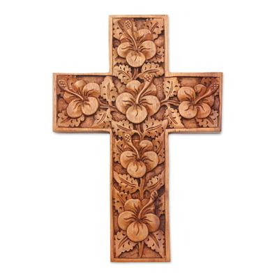 Mahogany cross, 'Hibiscus' - Mahogany Wood Cross Sculpture