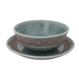 Celadon ceramic bowl and plate set, 'Thai Weave Inspiration'