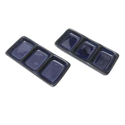 Indigo Nights,'Pair of Handmade Indigo Ceramic Condiment Dishes from Bali'