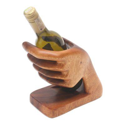 Lend a Hand,'Hand Crafted Suar Wood Bottle Holder'