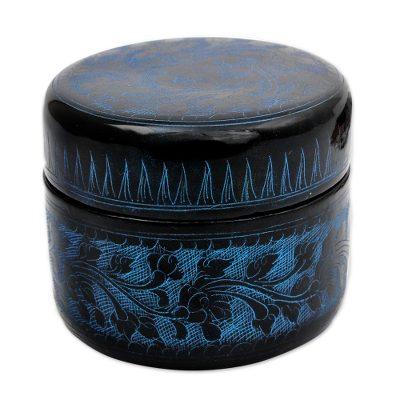 Lacquered wood box, 'Exotic Blue Flora'