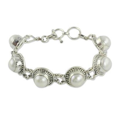 'Prosperity' - Indian Jewelry Bracelet in Sterling Silver and Pearls