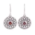 Dotted Gleam,'Circular Garnet and Silver Dangle Earrings from India'