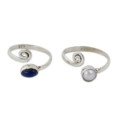 Cultured pearls and lapis lazuli toe rings, 'Perfe...