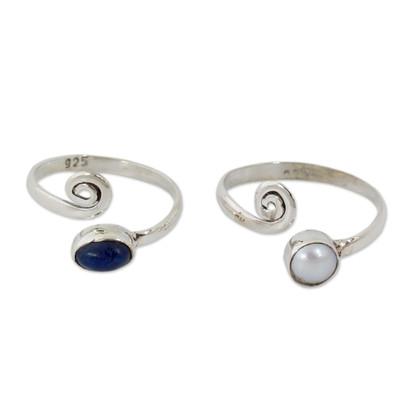 Cultured pearls and lapis lazuli toe rings, 'Perfection' (pair)