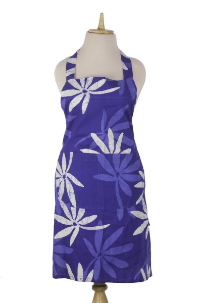 Kitchen Blossoms,'Handmade Floral Blue Batik Cotton Apron from West Africa'