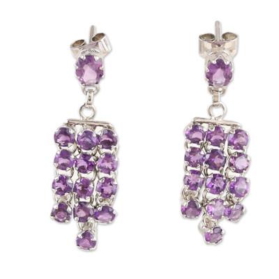 'Rhodium-Plated Waterfall Earrings with Faceted Amethyst Gems'