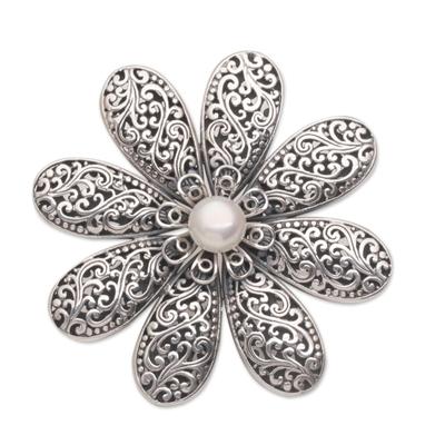 Starlight Flower,'Handmade 925 Sterling Silver Cultured Pearl Floral Brooch'