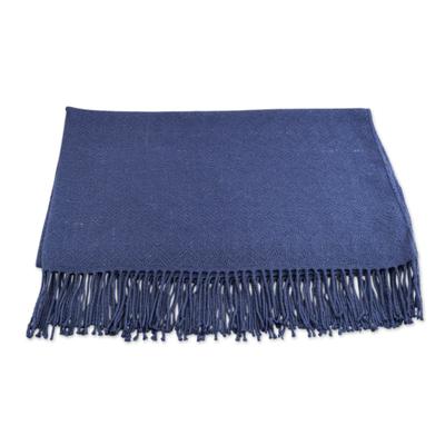 Puno Traditions in Blue,'Alpaca and AcrylicThrow Blanket with Fringe in Denim Blue'