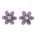 'Floral Rhodium-Plated Button Earrings with Amethyst Jewels'