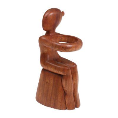 Wood wine bottle holder, 'Embrace'