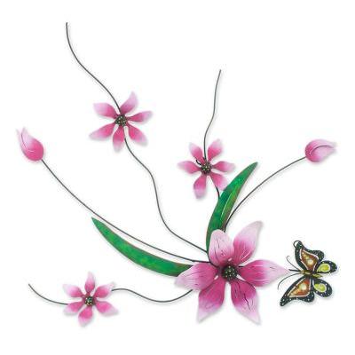 Butterfly Bouquet,'Pink Flowers Handmade Painted Iron Wall Sculpture Mexico'