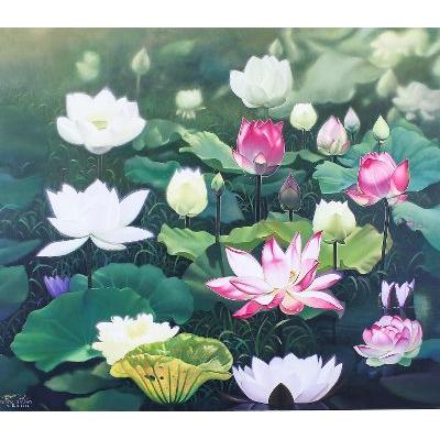 Lotus at Dawn,'Realist Painting of Pink and White Lotus Flowers (2019)'