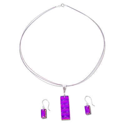 'Shimmering Fuchsia Dichroic Art Glass Necklace-Earrings Set'