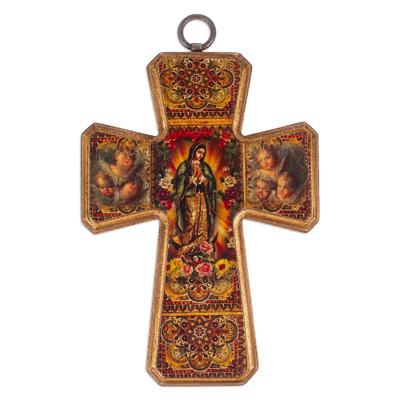 Virgin of Guadalupe and Angels,'Decoupage on Pinewood Cross of The Virgin of Guadalupe'