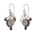 Rose quartz and garnet dangle earrings, 'Dew Blossom'