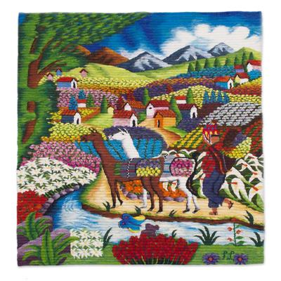 Wool tapestry, 'Harvesting Flowers' - Hand Woven Wool Tapestry