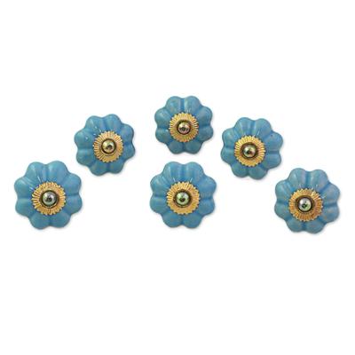 Floral Beauties in Sky Blue,'Ceramic Cabinet Knobs Floral Sky Blue (Set of 6) from India'
