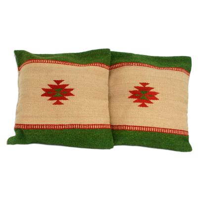 Zapotec Sierra,'Handwoven Wool Green and Beige Cus...
