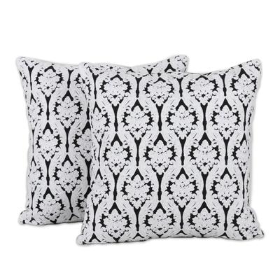 Midnight Trellis,'Embroidered Cotton Cushion Covers from India (Pair)'