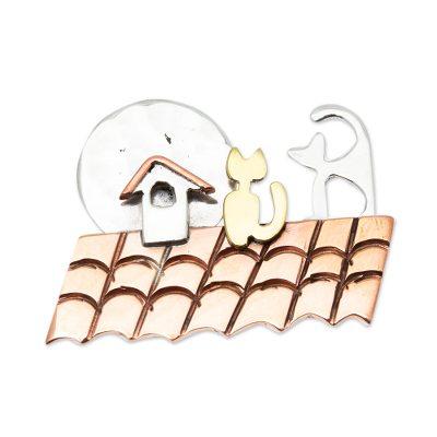 Cats on a Roof,'Handmade Cat Motif Brooch Pin'