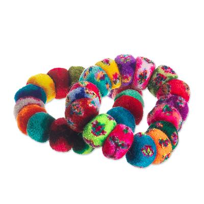 Dancing at the Andean Festival,'Multicolor Pompom Scrunchies from Peru (Pair)'