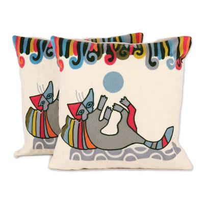 Playful Kitten,'Cotton Cushion Covers Embroidered with a Cat (Pair)'