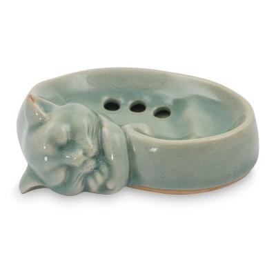 Celadon ceramic soap dish, 'Light Blue Napping Kitty'