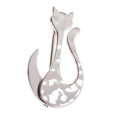 Moonlit Silhouette,'Taxco Sterling Silver Handcrafted Modern Cat Brooch Pin'