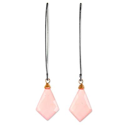 Pink Lily Crystals,'Long Pink Gold Accent Chalcedony Dangle Earrings Thailand'