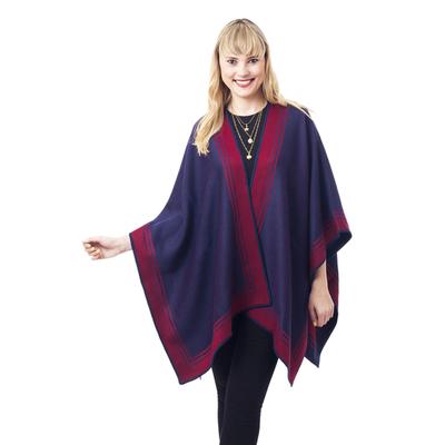 Delightful Fantasy in Indigo,'Reversible Alpaca Blend Ruana in Indigo and Wine'