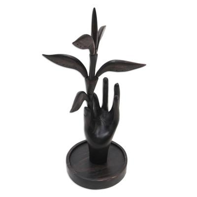 Plucking Dreams,'Hand Carved Wood Jewelry Stand with Leaf Motif'