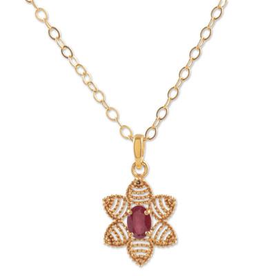 Flower of Delhi,'Gold Plated Flower Necklace with a Red Ruby'