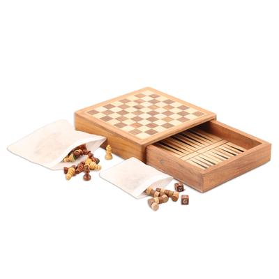 Double Trouble,'Mini Acacia Wood Chess and Backgammon Game Set'
