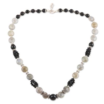 Onyx and labradorite beaded necklace, 'Mysterious Moonlight'