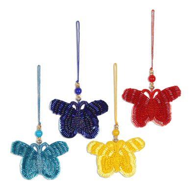 Glamorous Butterflies,'Glass Beaded Butterfly Ornaments from India (Set of 4)'