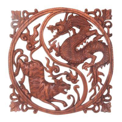 Tiger and Dragon,'Hand Carved Wood Wall Relief from Indonesia'