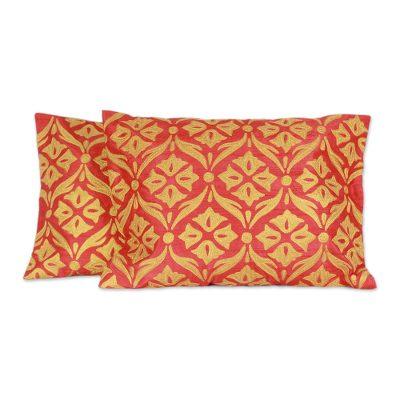 'Golden Harmony' (pair) - Floral Embroidered Cushion Covers from India