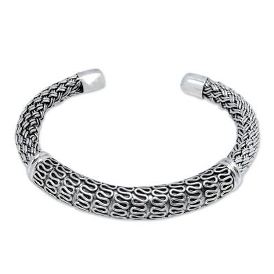 Traditional Braid,'Polished Sterling Silver Cuff Bracelet from Bali'