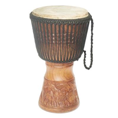 'Wood Djembe Drum with Giraffe Hand-Carved Motifs from Ghana'