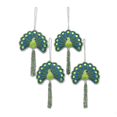 Glorious Peacocks,'Set of Four Beaded Peacock Ornaments from India'