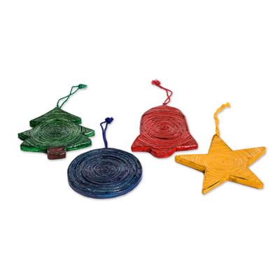 Recycled paper ornaments, 'Joyous Christmas' (set of 4)