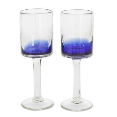 Oceanic Depths,'Blue-Accented Clear Handblown Wine Glasses (Pair)'