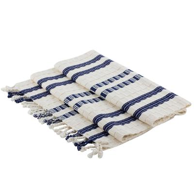 Splendid Contrast,'Guatemalan Cotton Table Runner in Ivory with Blue Stripes'