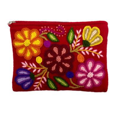 Highland Wine,'Hand Embroidered Wine Red Wool Cosmetic Bag'