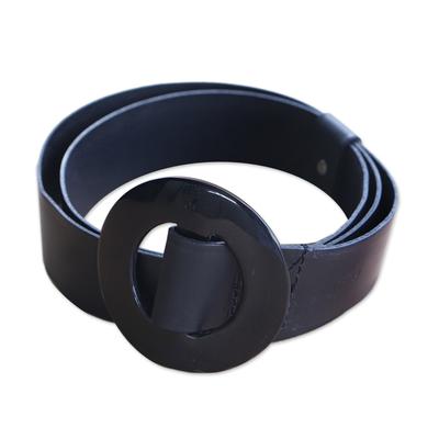 Distinct in Black,'Black Leather Belt with Aya Adinkra Symbol from Ghana'