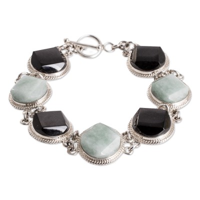 Glamorous Style,'Sterling Silver Black and Apple Green Jade Link Bracelet'