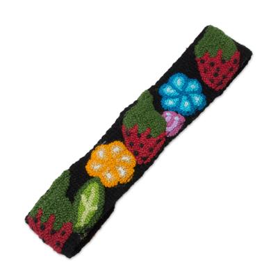 Flowers and Strawberries,'Floral and Strawberry Pattern Wool Headband from Peru'