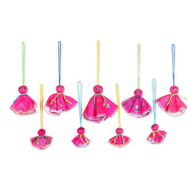 Fuchsia Chekutty Dolls,'9 Embroidered Viscose Doll Holiday Ornaments in Fuchsia'